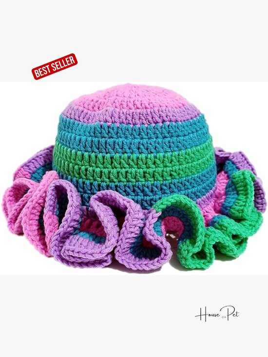 Handmade Crochet Bucket Hat Fluffy Ruffled Brim Boho Camouflage Unisex main image 4